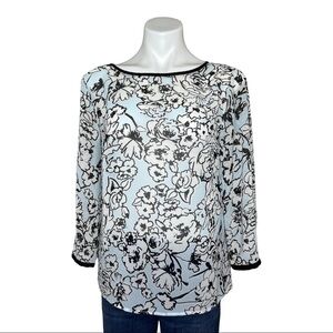 LOFT Sheer Top Blouse Long Sleeve Blue White & Black Small